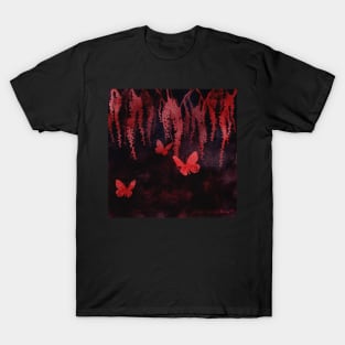 Wisteria and Butterflies Negative Painting Black and Red T-Shirt